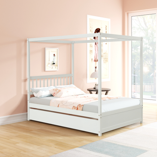 Full Size Canopy Bed with Twin Trundle, Kids Solid Wood Platform Bed Frame w/ Headboard, No Box Spring Needed Grey Color、、xpatfood