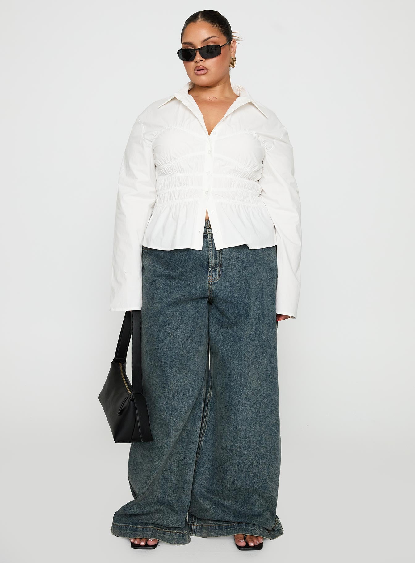 Liesel Shirred Long Sleeve Top White Curve、mySite、solidvoid