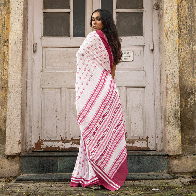 Cotton Printed Saree | White & Pink、mySite、camillekostekn