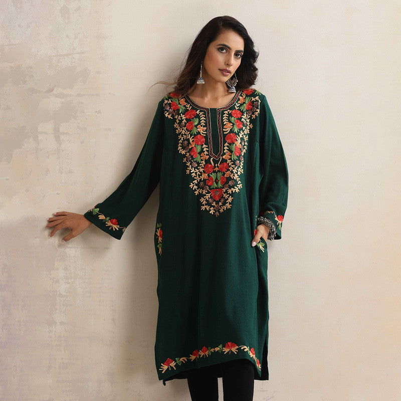 Woolen Kurta For Women | Floral Embroidered | Green、mySite、camillekostekn