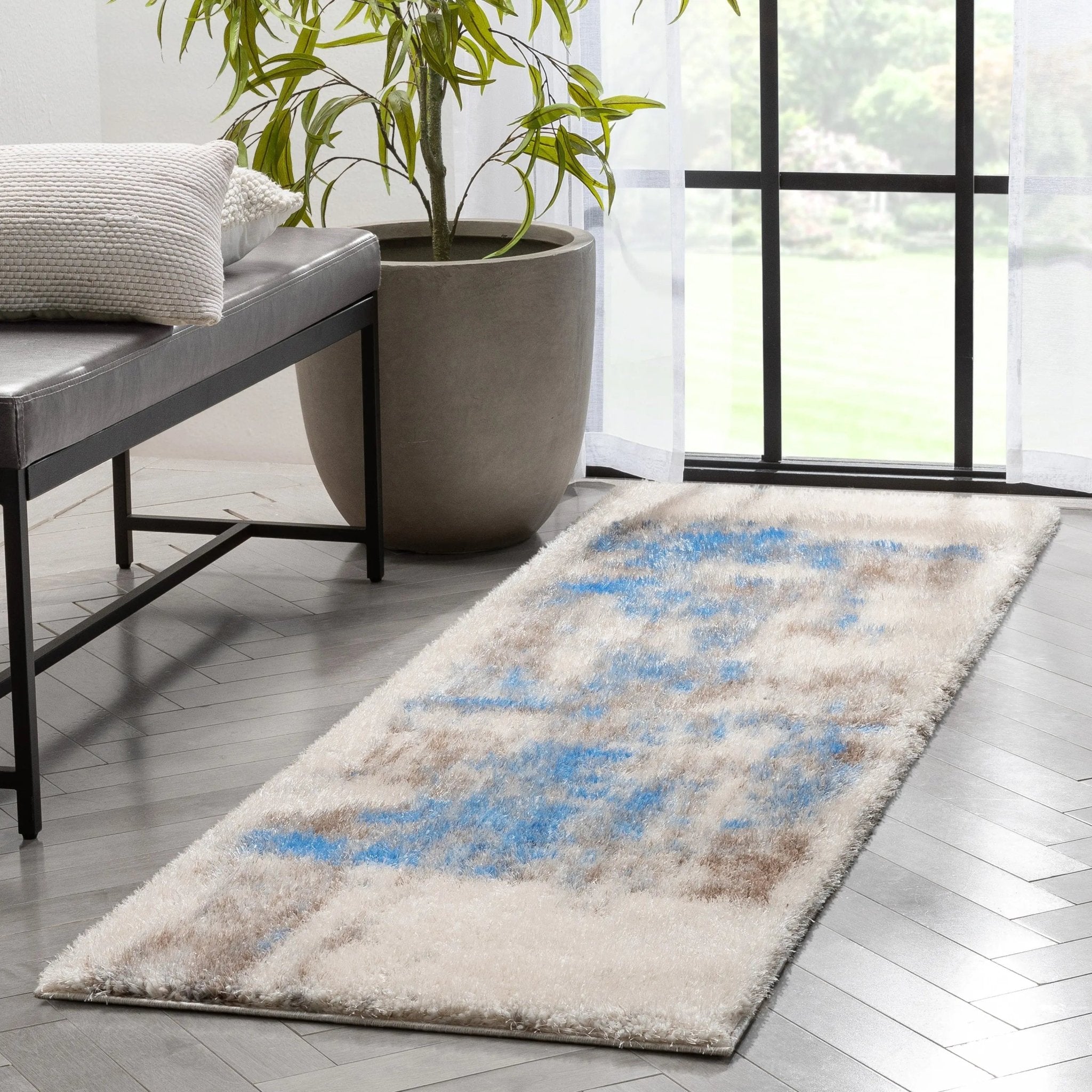 Sariah Modern Abstract Ivory Blue Shag Rug、mySite、gigharbornorthrealestate