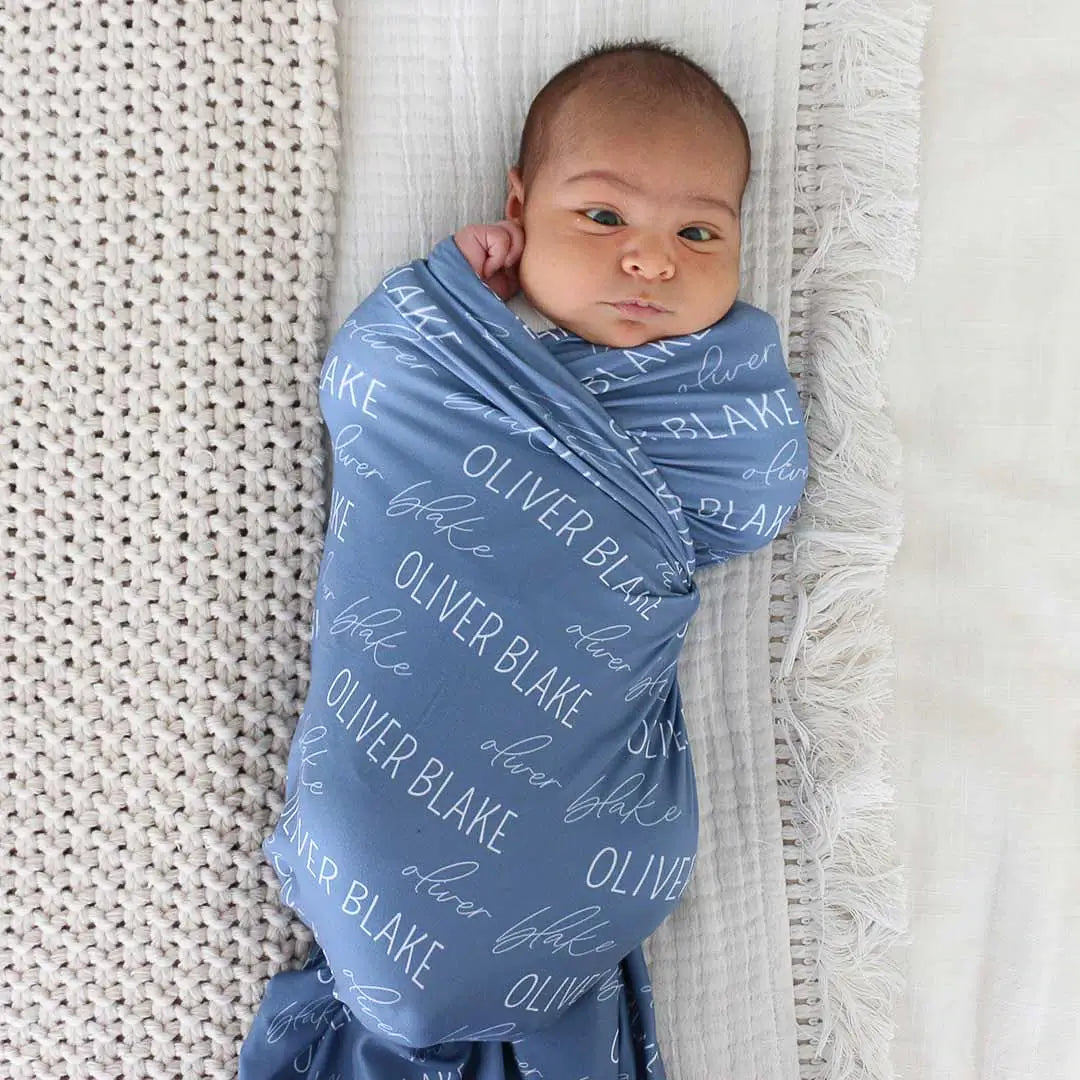  Personalized Steel Blue Baby Name Swaddle Blanket | Block Script、mySite、layawaytickets