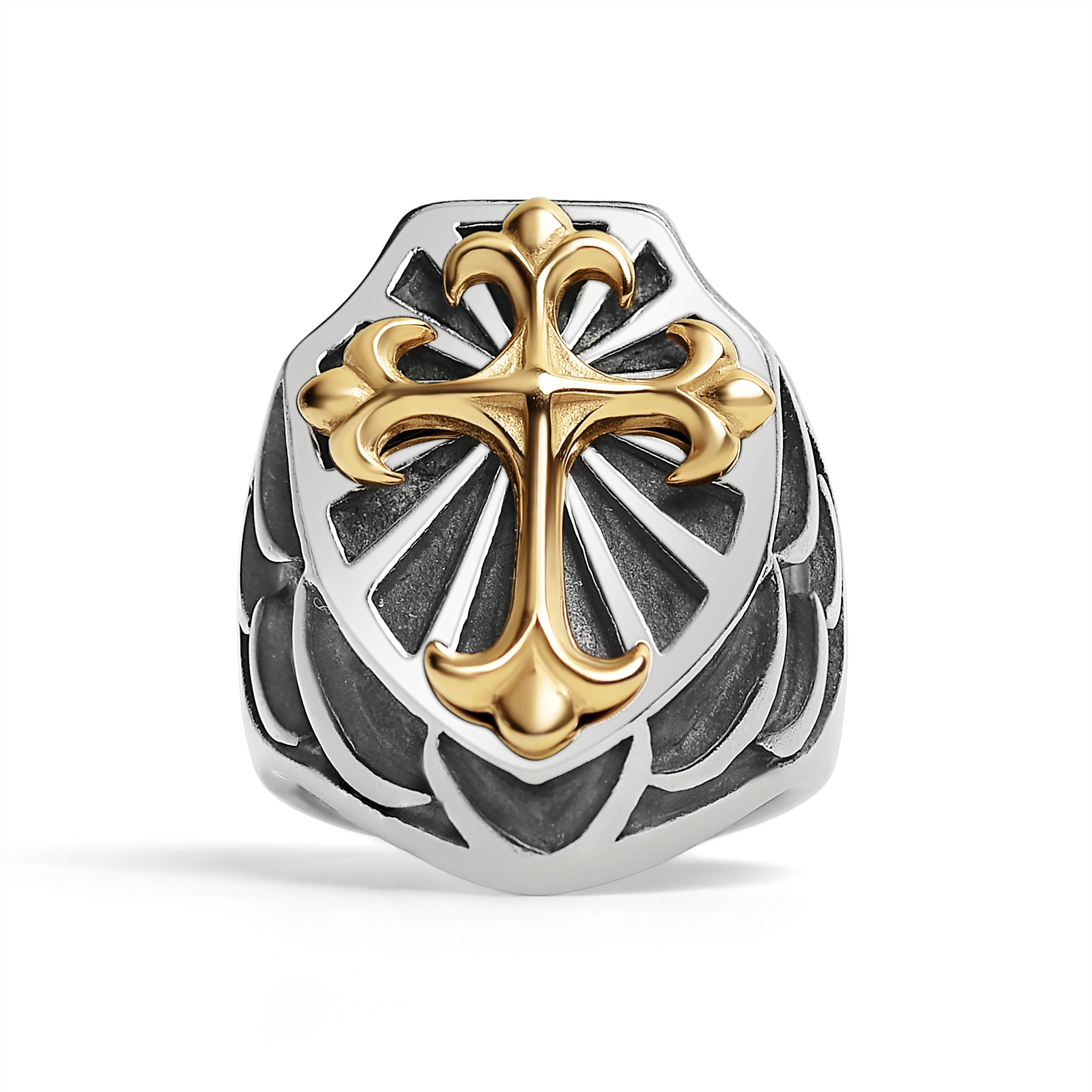 Stainless Steel 18K Gold PVD Coated Cross On Shield Signet Ring / SCR4091、mySite、dreamappss