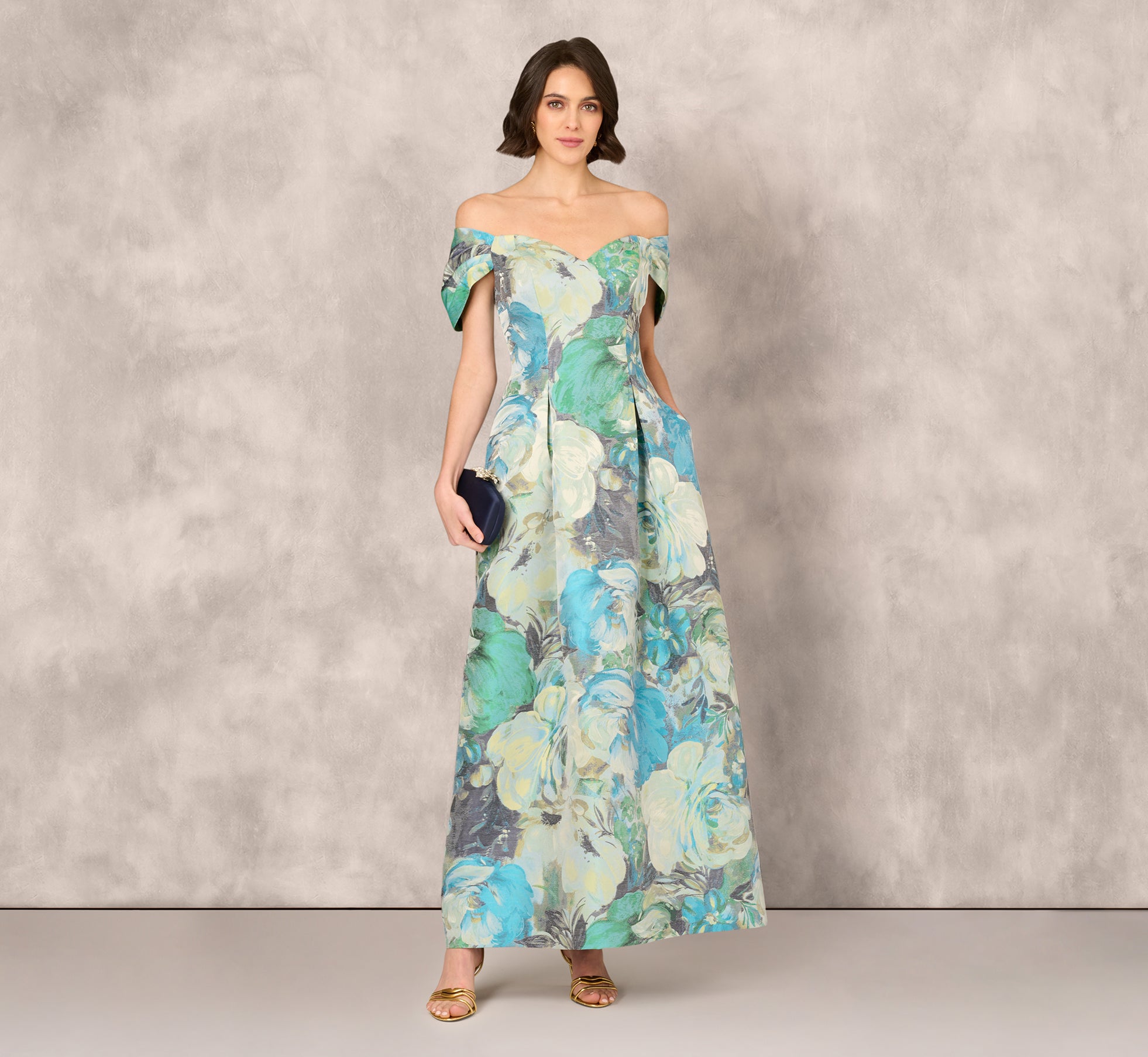 Off Shoulder Floral Jacquard Pleated Gown In Blue Multi、mySite、solidvoid
