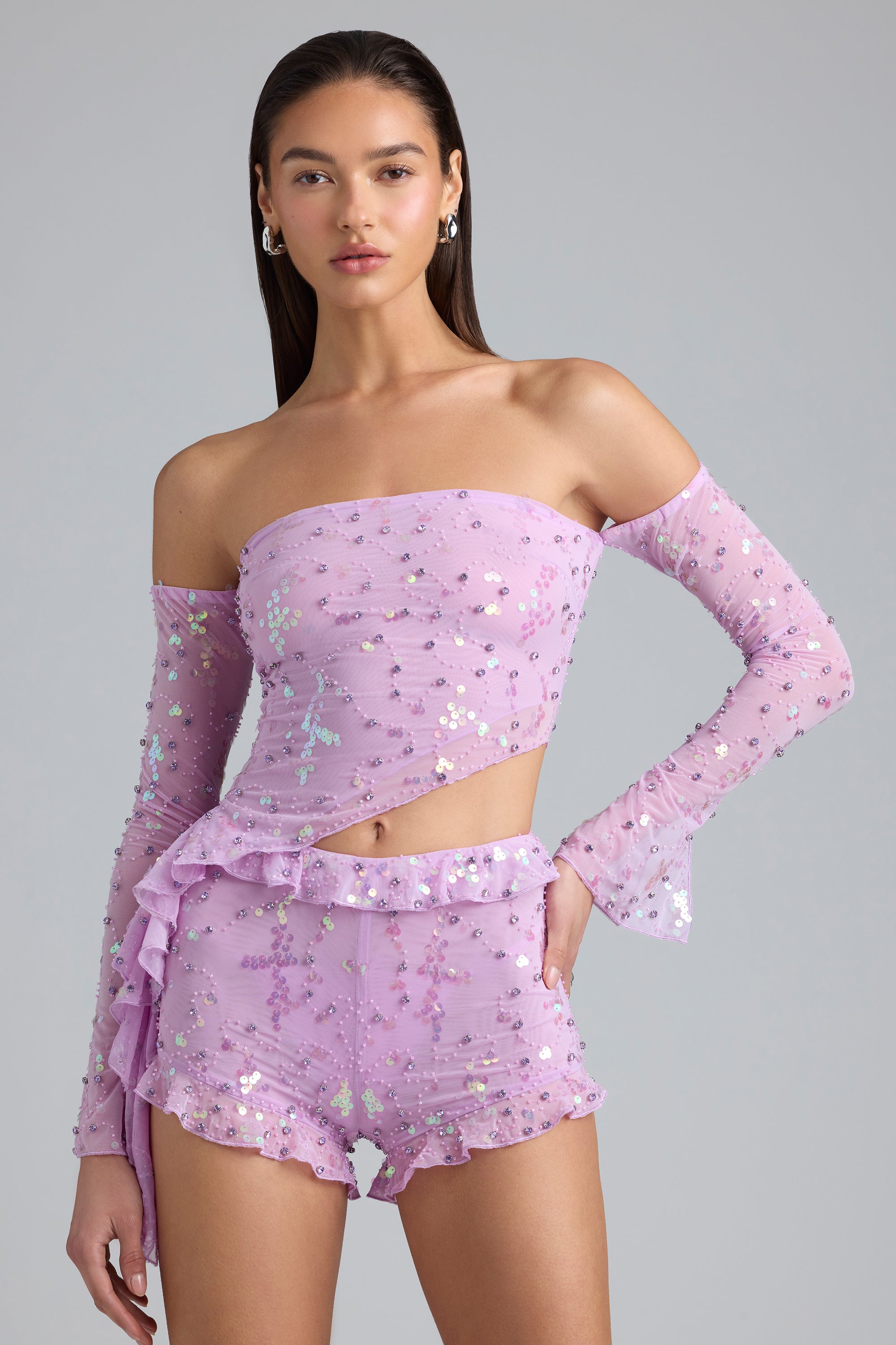 Ruffle Mid-Rise Hot Pant Shorts in Violet Pink、mySite、solidvoid