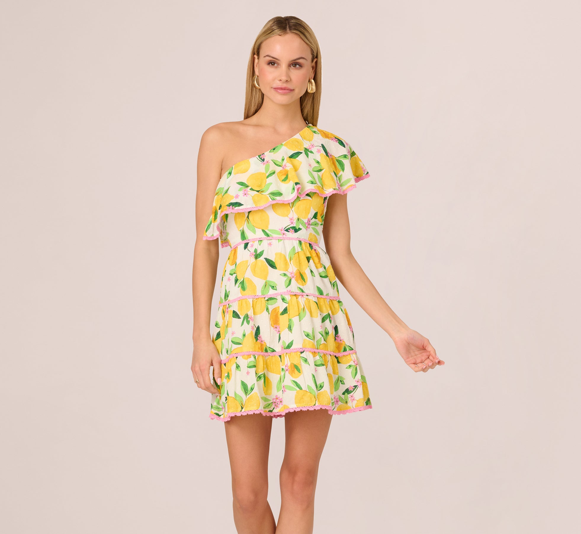 One Shoulder Ruffle Lemon Print Mini Dress In White Multi、mySite、solidvoid