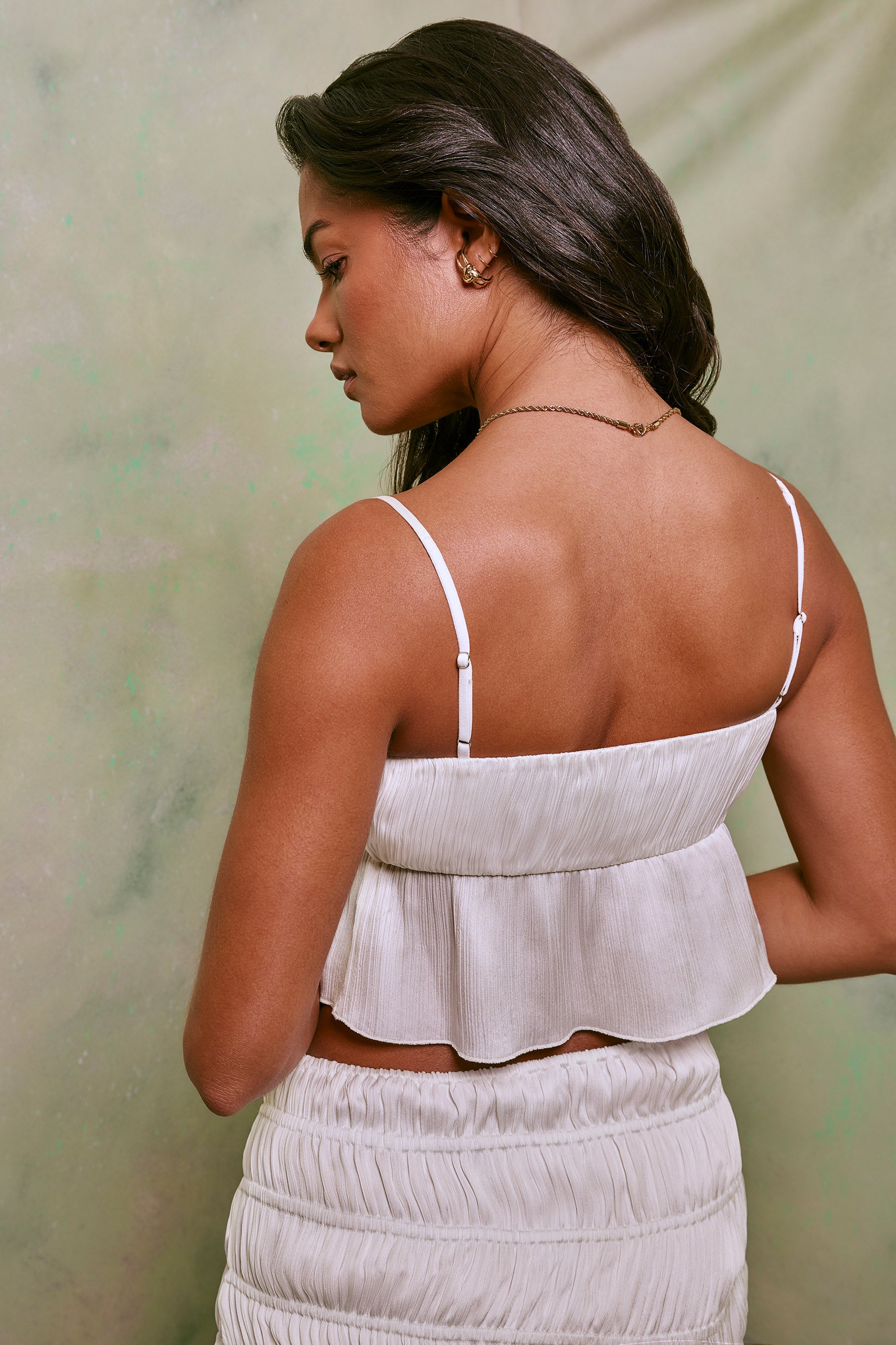 Shirred Tie Up Front Crop Top in White、mySite、solidvoid