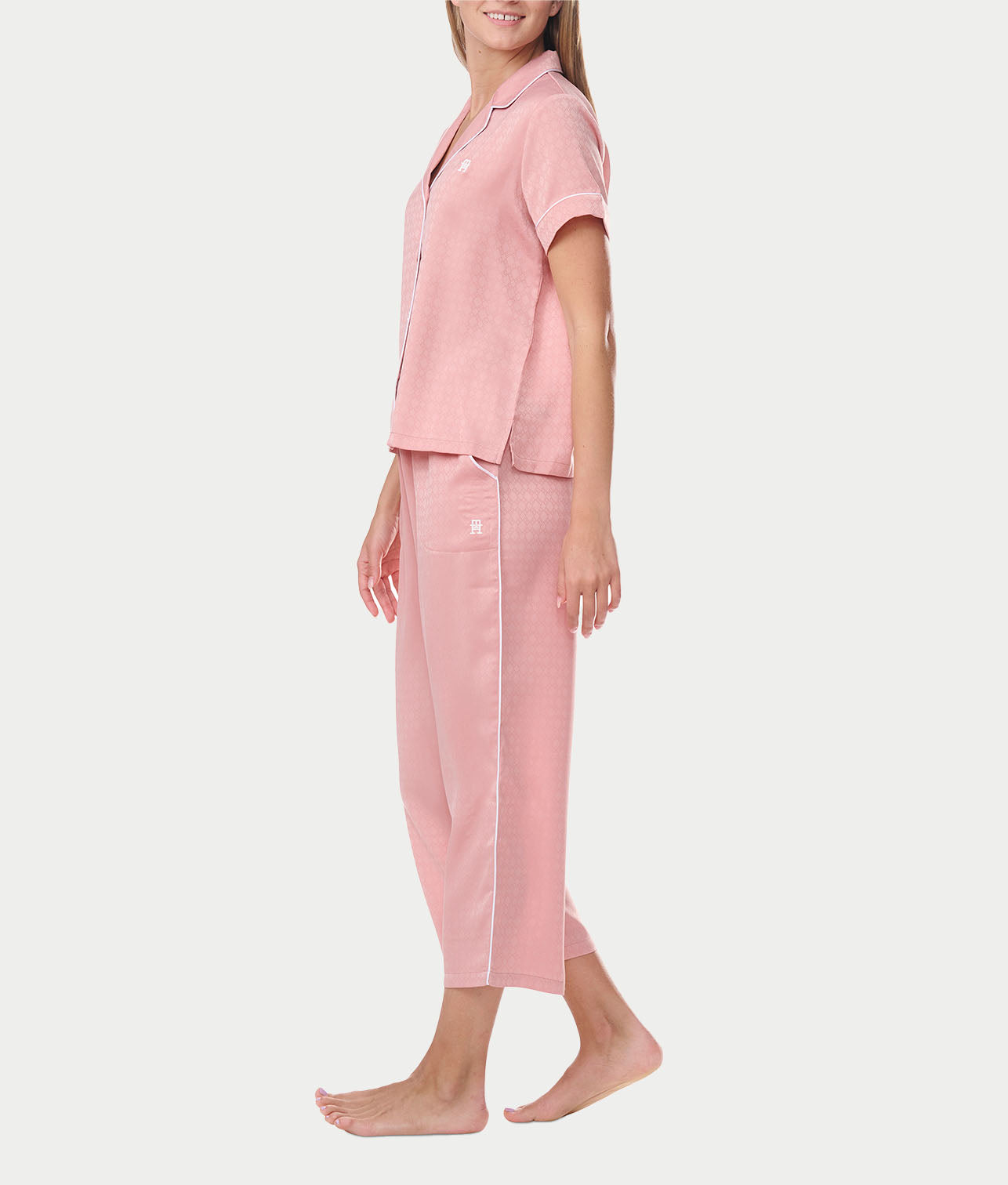 Notch Collar Cropped Woven Pajama Set、mySite、bengalsvssteelers