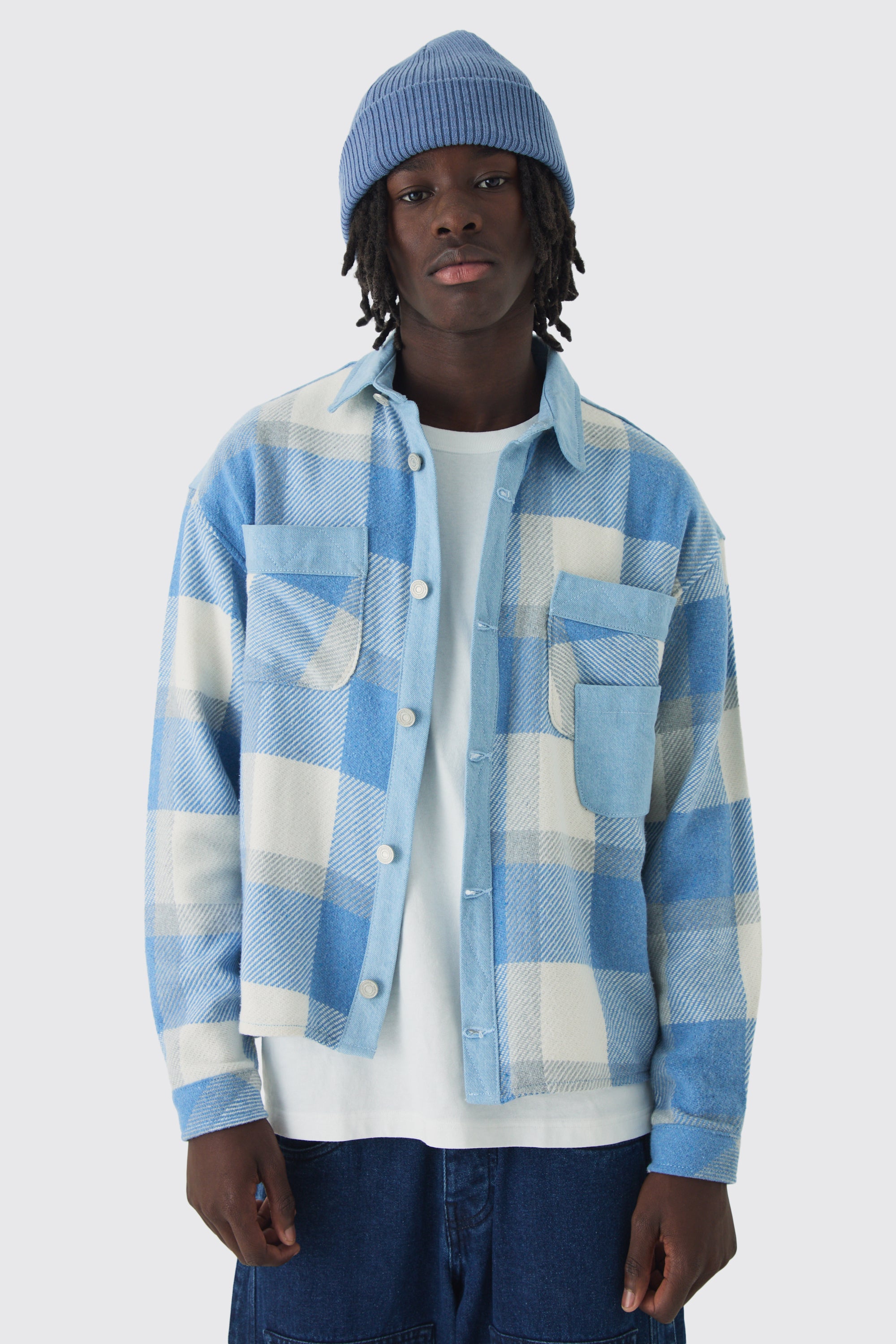  Boohooman Oversized Denim Checked Quilted Shirt Light Blue、mySite、justintrudeaud