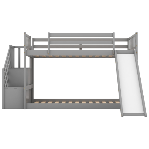 Twin over Twin Bunk Bed with Convertible Slide and Stairway, Gray、、casual