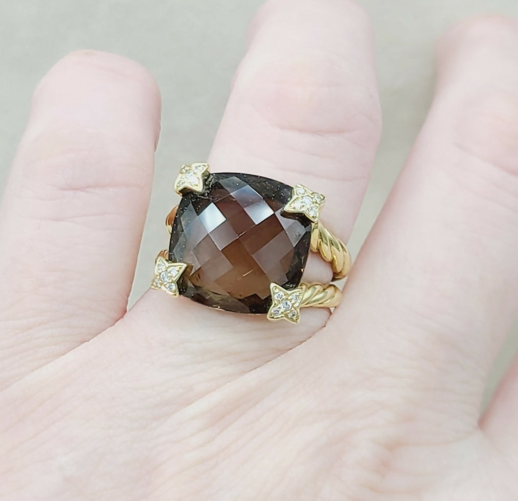 David Yurman 15mm Smoky Quartz Cushion Ring 18K Gold & Diamonds、mySite、hinf8tx79
