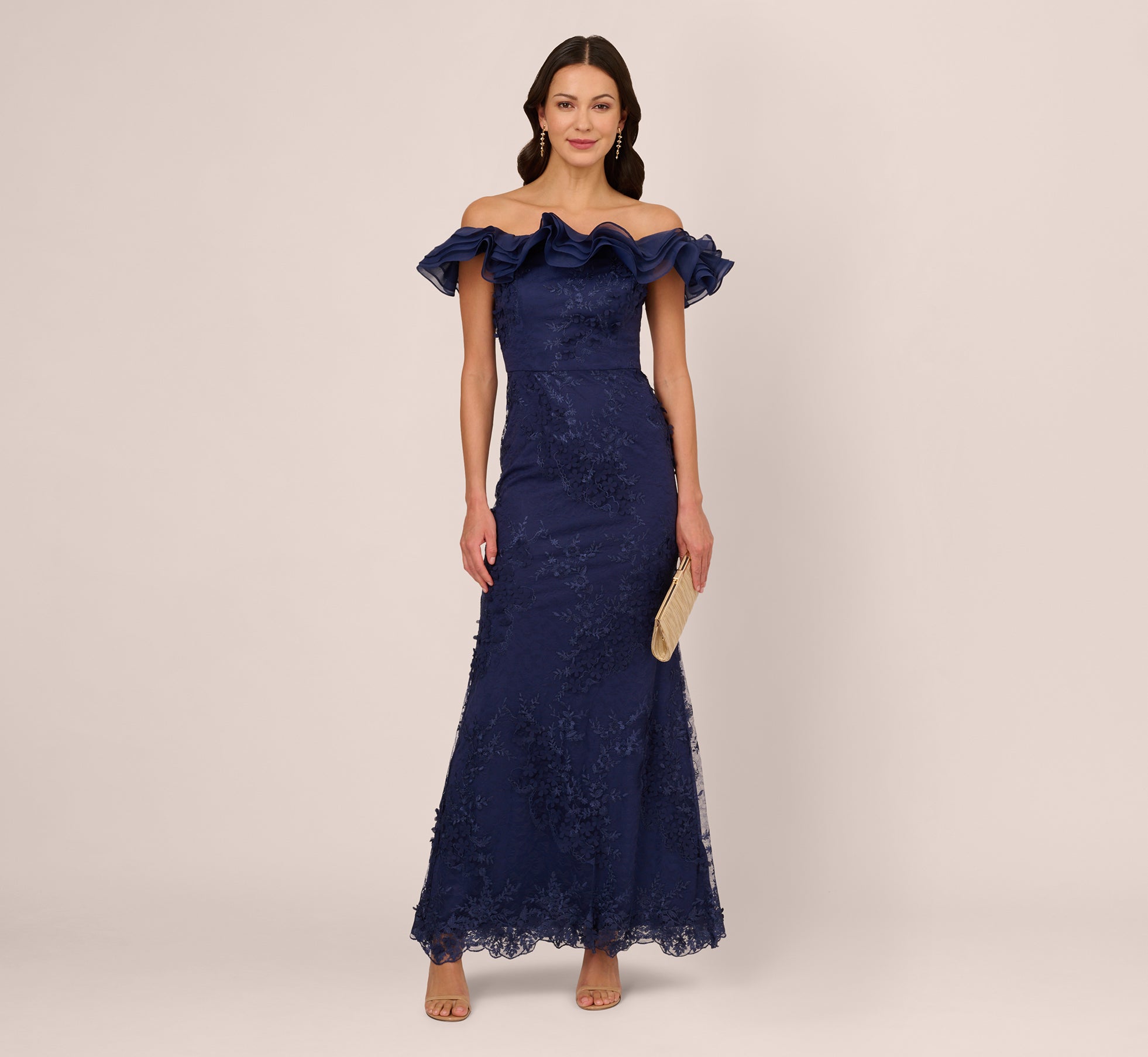 Ruffle Off The Shoulder Floral Lace Gown In Light Navy、mySite、solidvoid