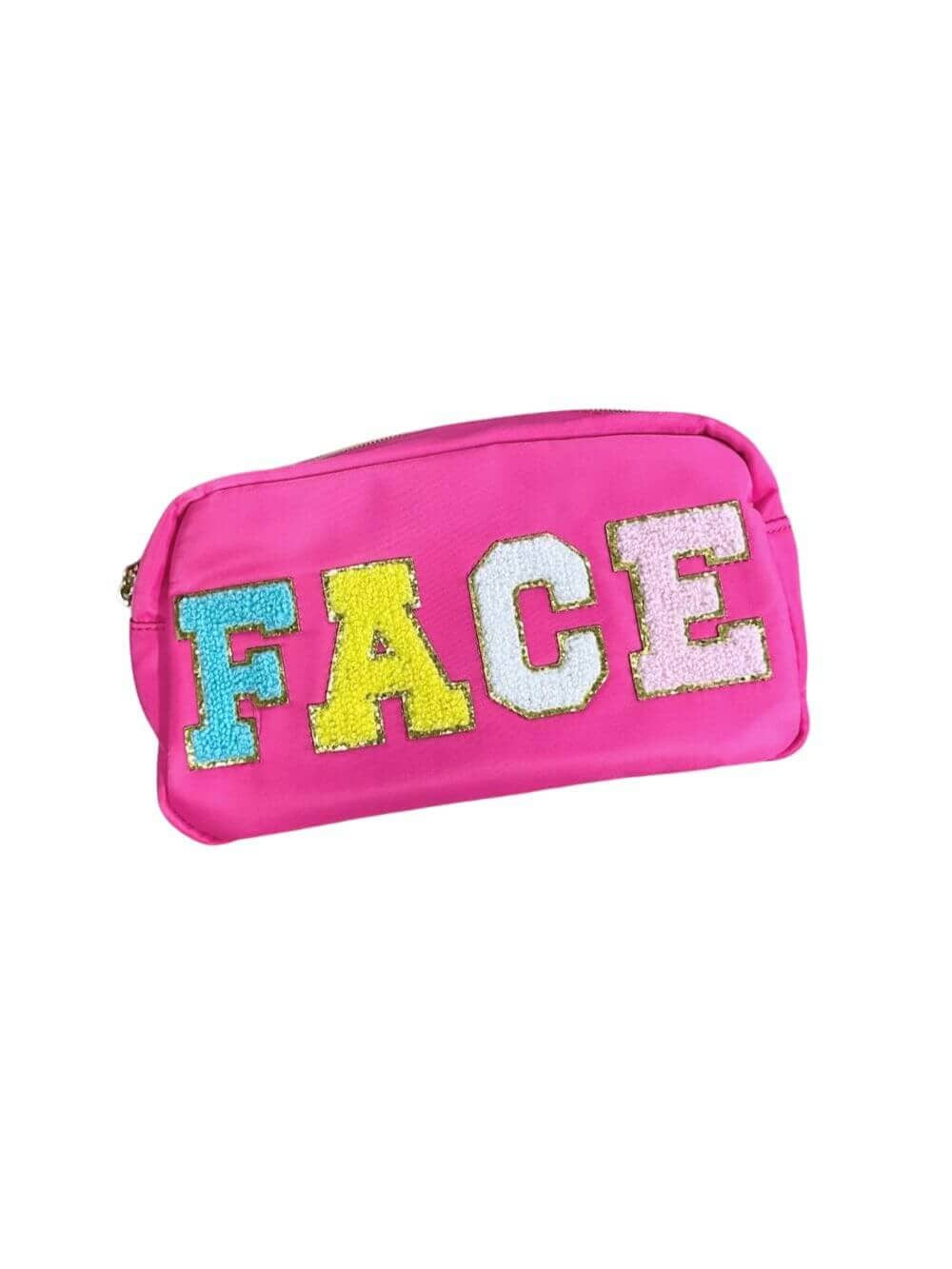 Chenille Letter FACE Zip Up Pink Cosmetic Bag、mySite、camillekostekn