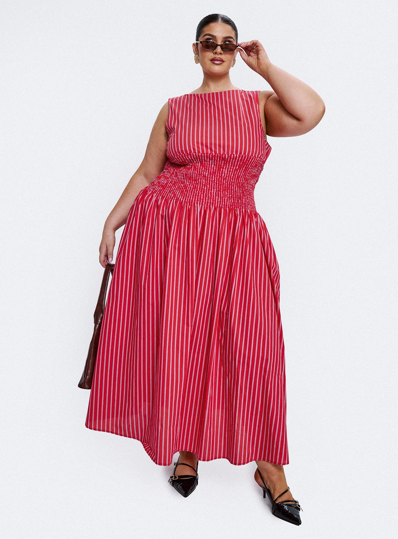 Lilienne Cotton Poplin Maxi Dress Red Stripe Curve、mySite、solidvoid