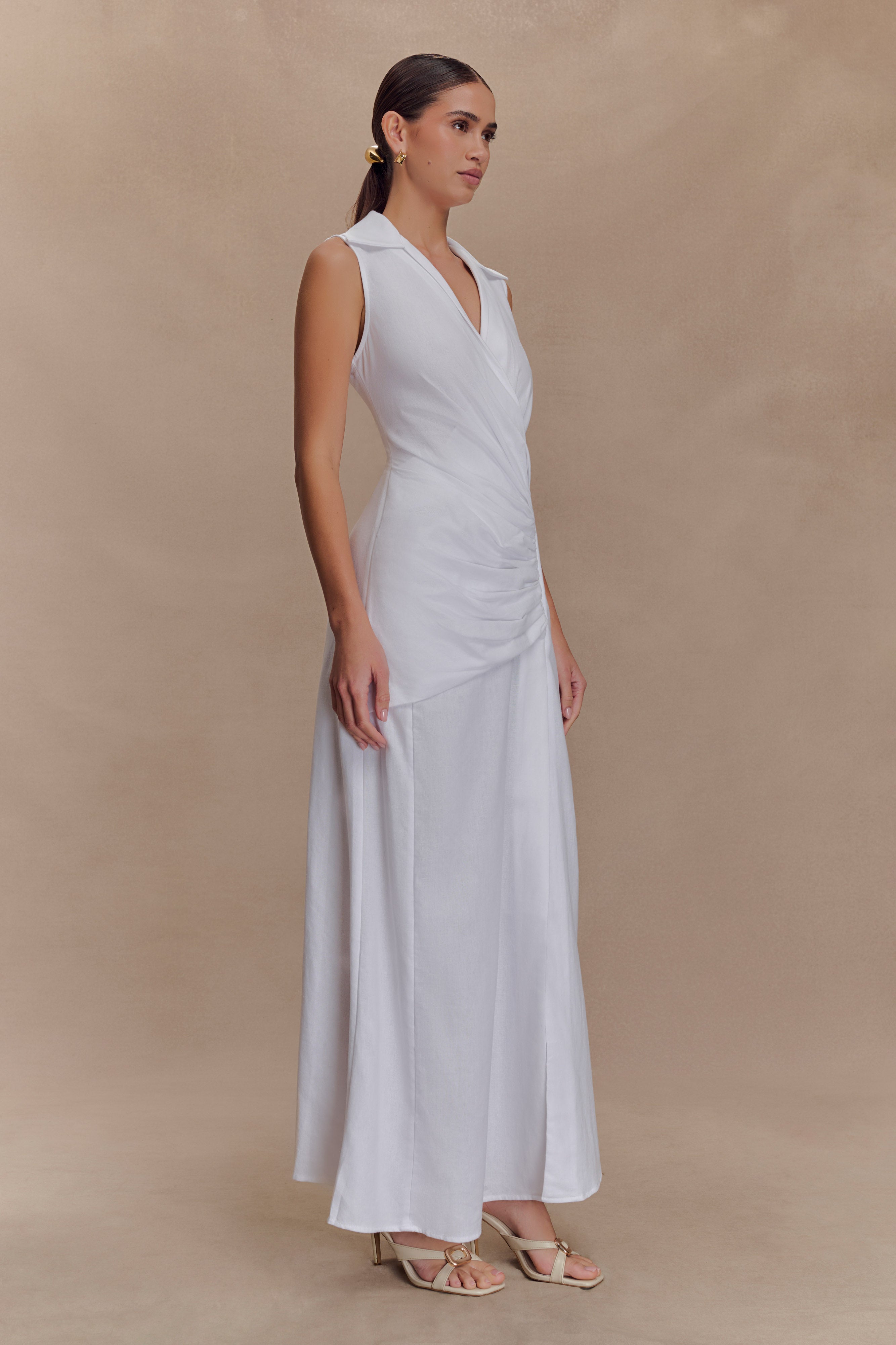 Dante Ruched Linen Midi Dress - White、mySite、solidvoid