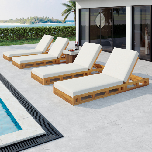 LOUNGE CHAISE SET, ACACIA WOOD WITH WATER-RESISTANT LOUNGE CUSHIONS (CREAM & 4 INCH THICK) - MATCHING DARK GREY VERSION AVAILABLE、、eastwooduniform