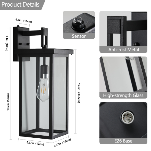 2-Pack 22.0" Outdoor Wall Lantern with Dusk to Dawn Sensor, Matte Black Finish, Clear Glass Panels, Weatherproof Exterior Light for Porch, Patio, Garage, 2-Light Design (Bulb Not Included)、、eastwooduniform