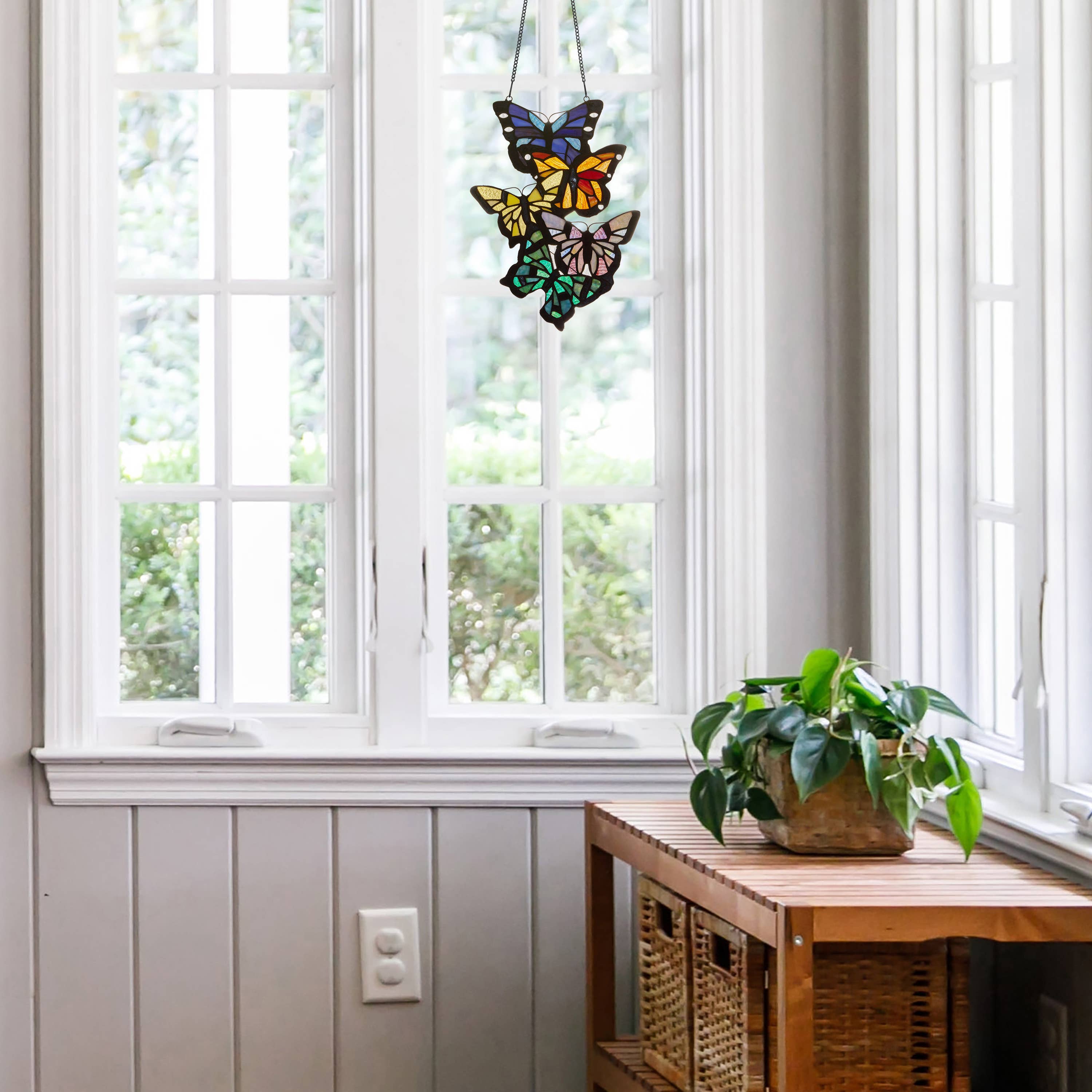 Brilliant Butterflies Cluster Stained Glass Window Panel- 13.25H、mySite、g9winljtr