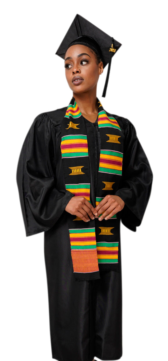 Black and Gold Hand Woven Kente Cloth Graduation Stole / Sash DP2169BLK、mySite、solidvoid