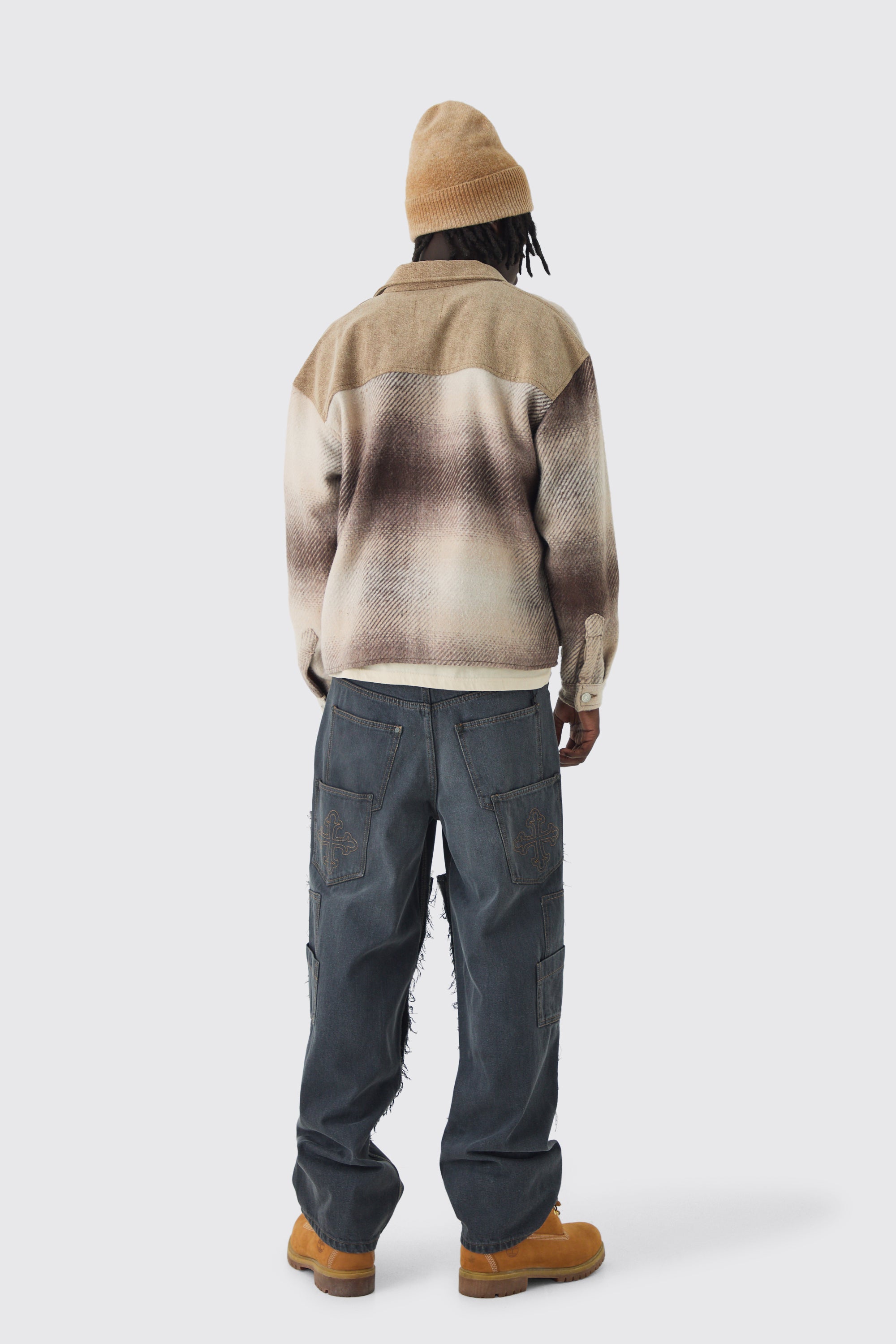  Boohooman Oversized Denim Checked Quilted Shirt Sand、mySite、justintrudeaud