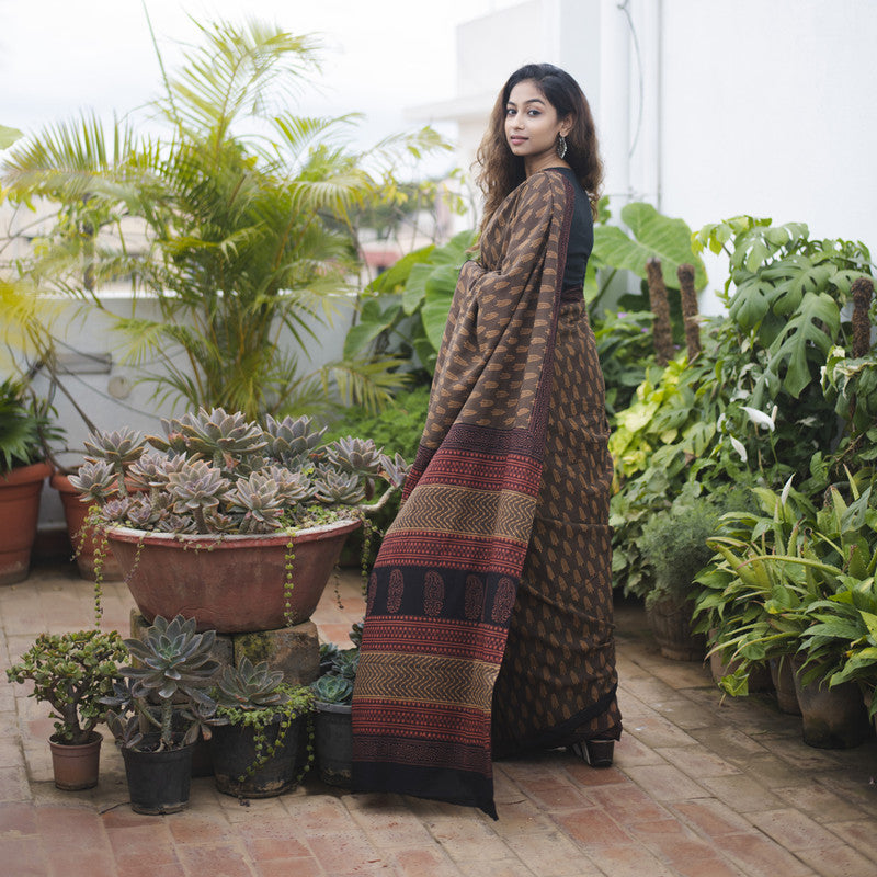 Block Print Saree | Chanderi with Bagru Inspired Print | Brown、mySite、camillekostekn