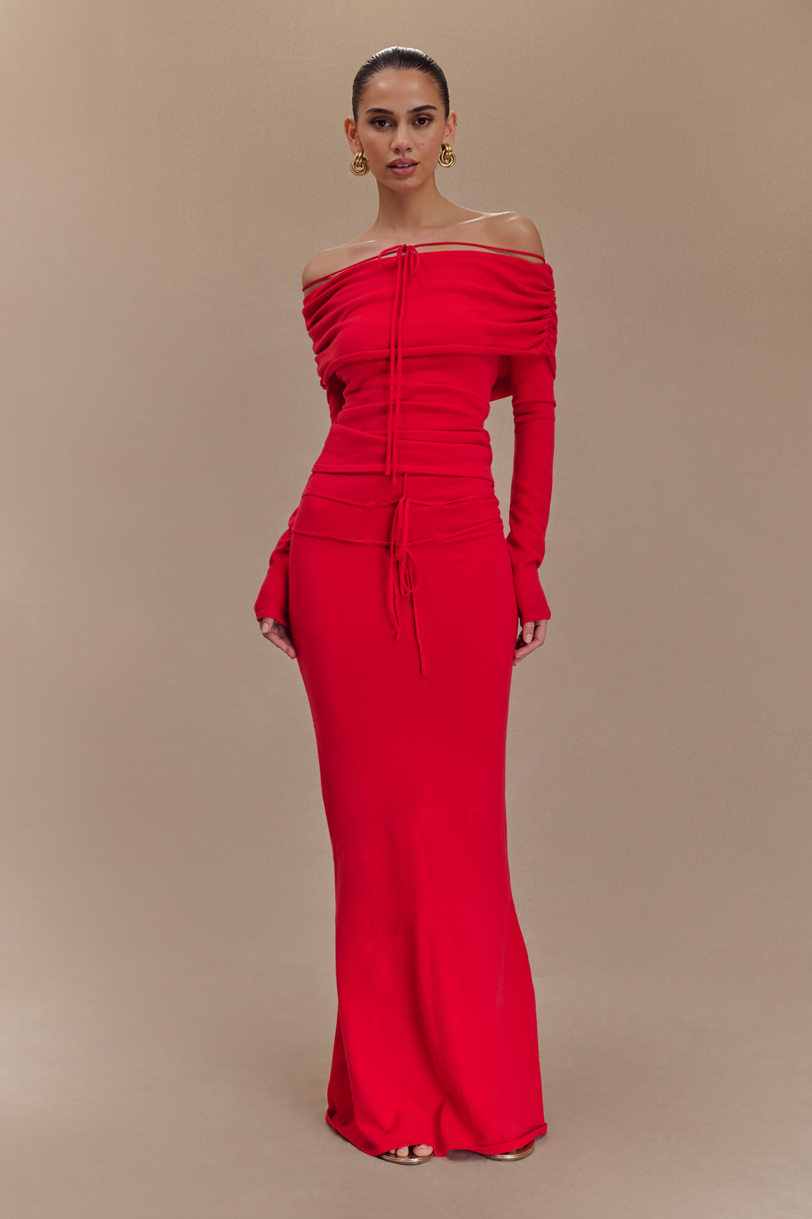 Polly Off Shoulder Long Sleeve Knit Top - Red、mySite、solidvoid