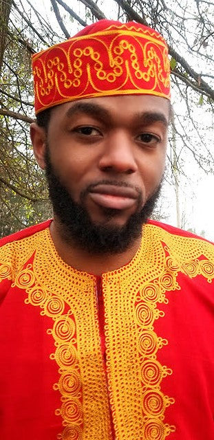Men's Red African Adebo Kufi Hat with Gold embroidery-DPH4004、mySite、solidvoid