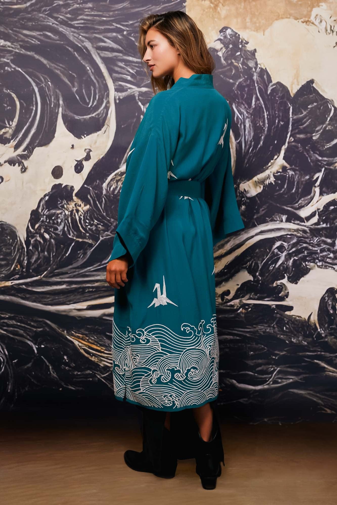 Origami & Hokusai Wave Embroidered Fully Lined Deep Teal Long Kimono、mySite、bengalsvssteelers