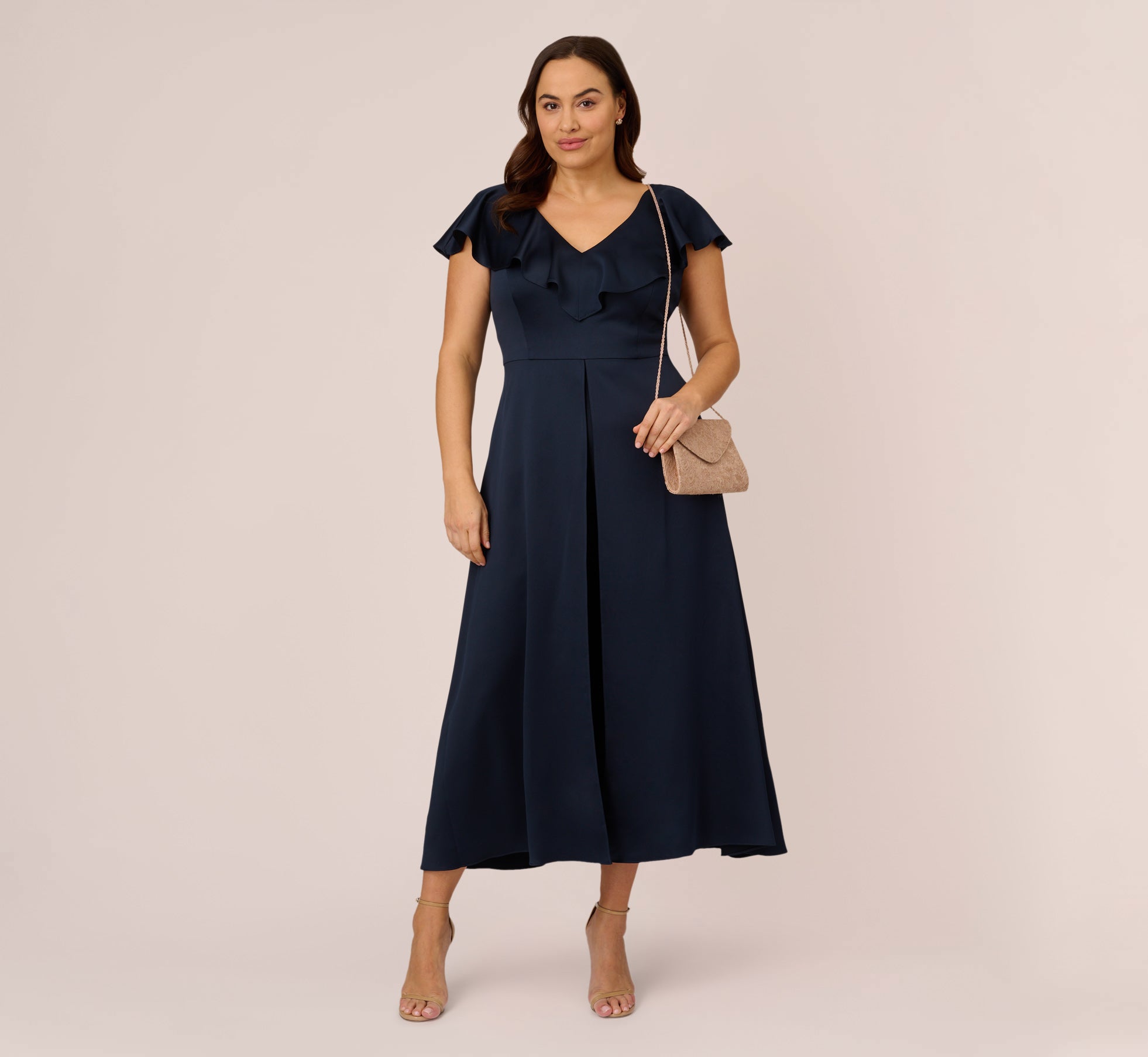 Plus Size Satin Crepe Ruffled Cropped Jumpsuit In Dark Navy、mySite、solidvoid