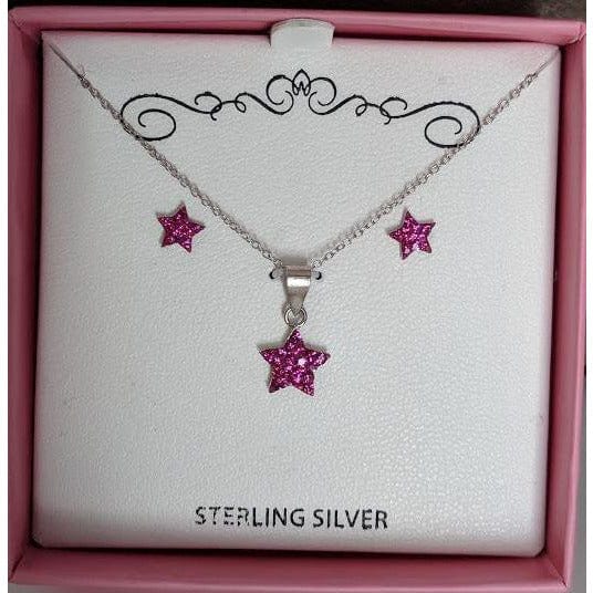 Pink Stars Girl's Sterling Silver Earring & Necklace Set、mySite、g9winljtr