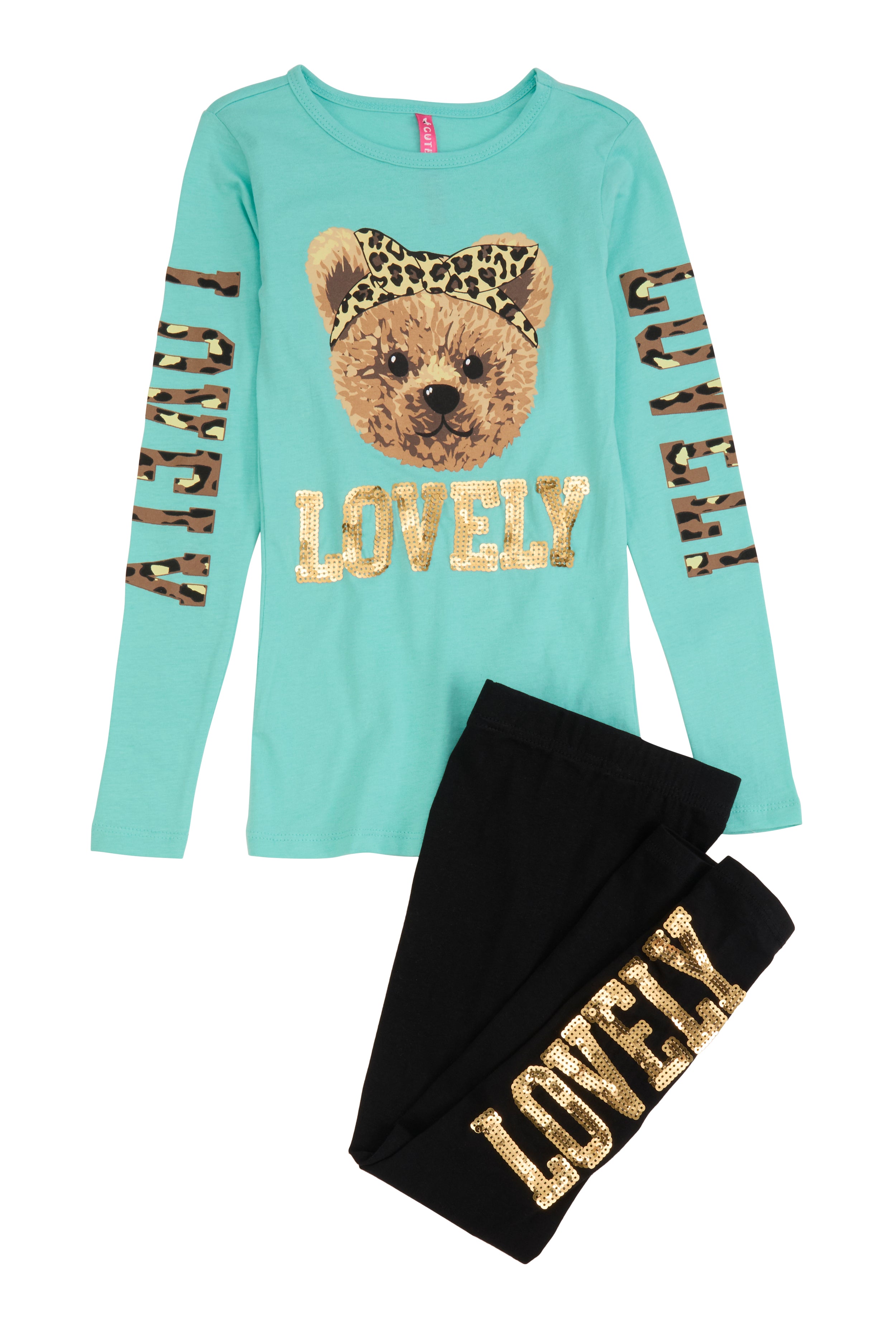 Little Girls Lovely Sequin Bear Graphic Tee and Leggings、mySite、camillekostekn