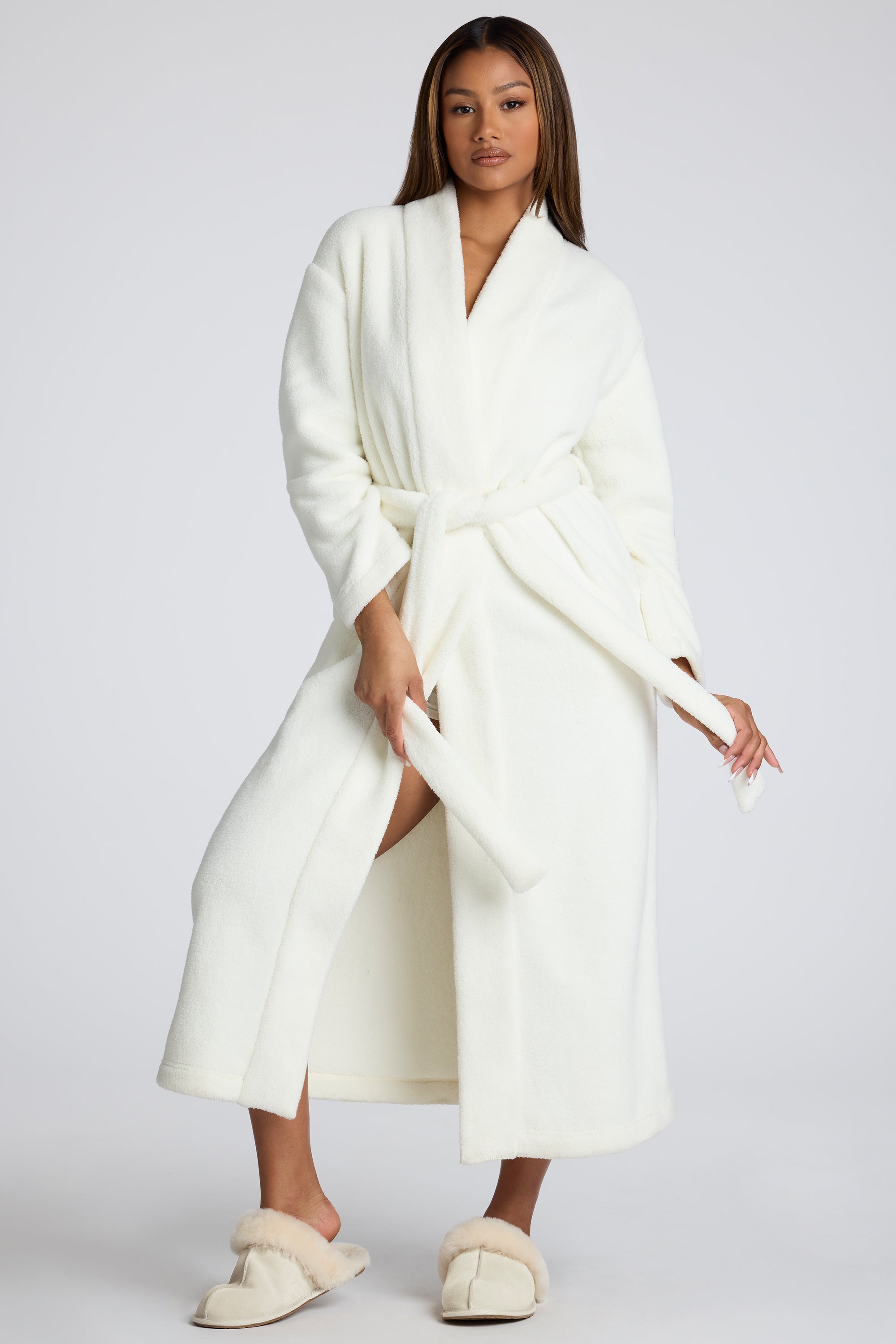 Tie Front Fleece Robe in White、mySite、solidvoid
