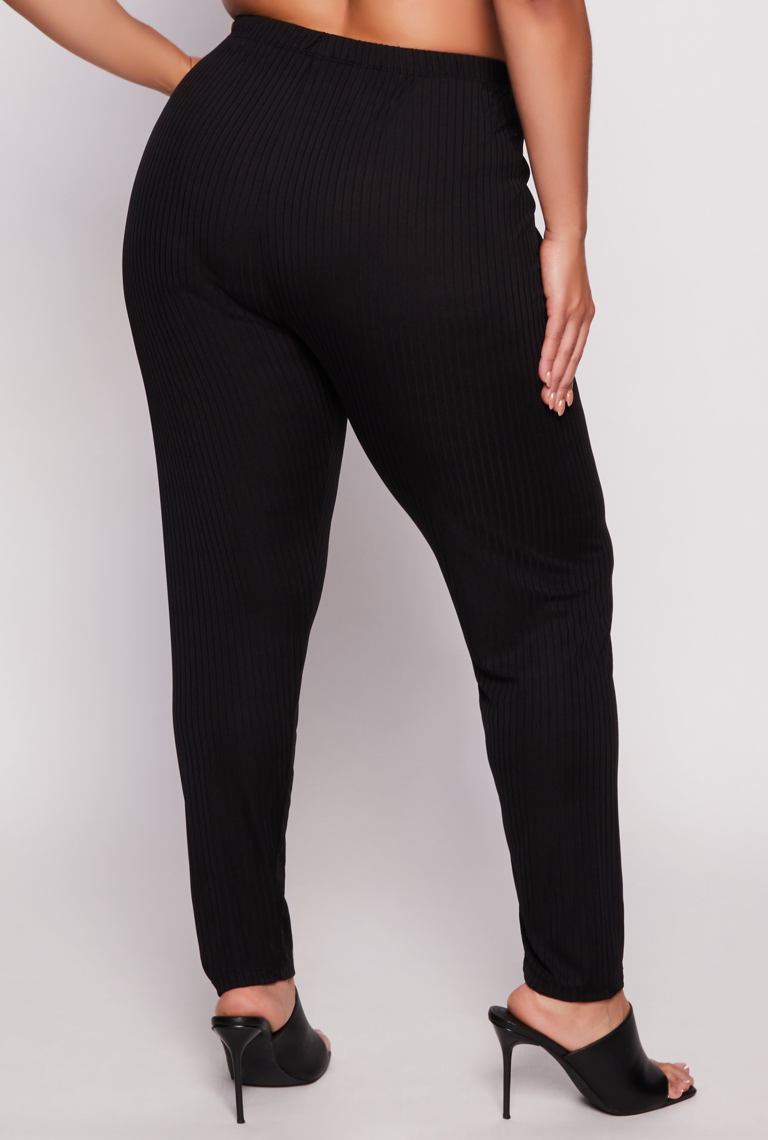 Plus Size Ribbed Drawstring Skinny Leg Pants、mySite、camillekostekn