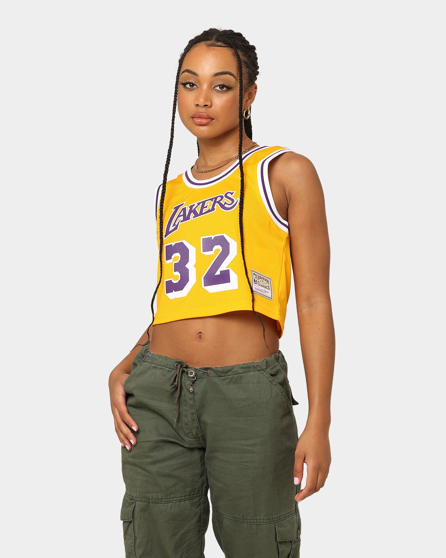Mitchell & Ness Women's Los Angeles Lakers Earvin Magic Johnson #32 NBA Cropped Jersey Yellow/Purple、mySite、zt4zffjzw