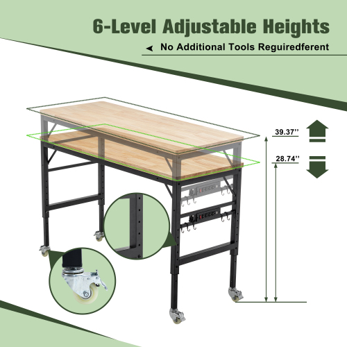 Adjustable Height Workbench, 60" Rubber Wood Top Heavy duty Workstation with Power Outlets, 2000 LBS Load Capacity Hardwood Worktable for Workshop, Garage, Office, Home, Commercial、、casual