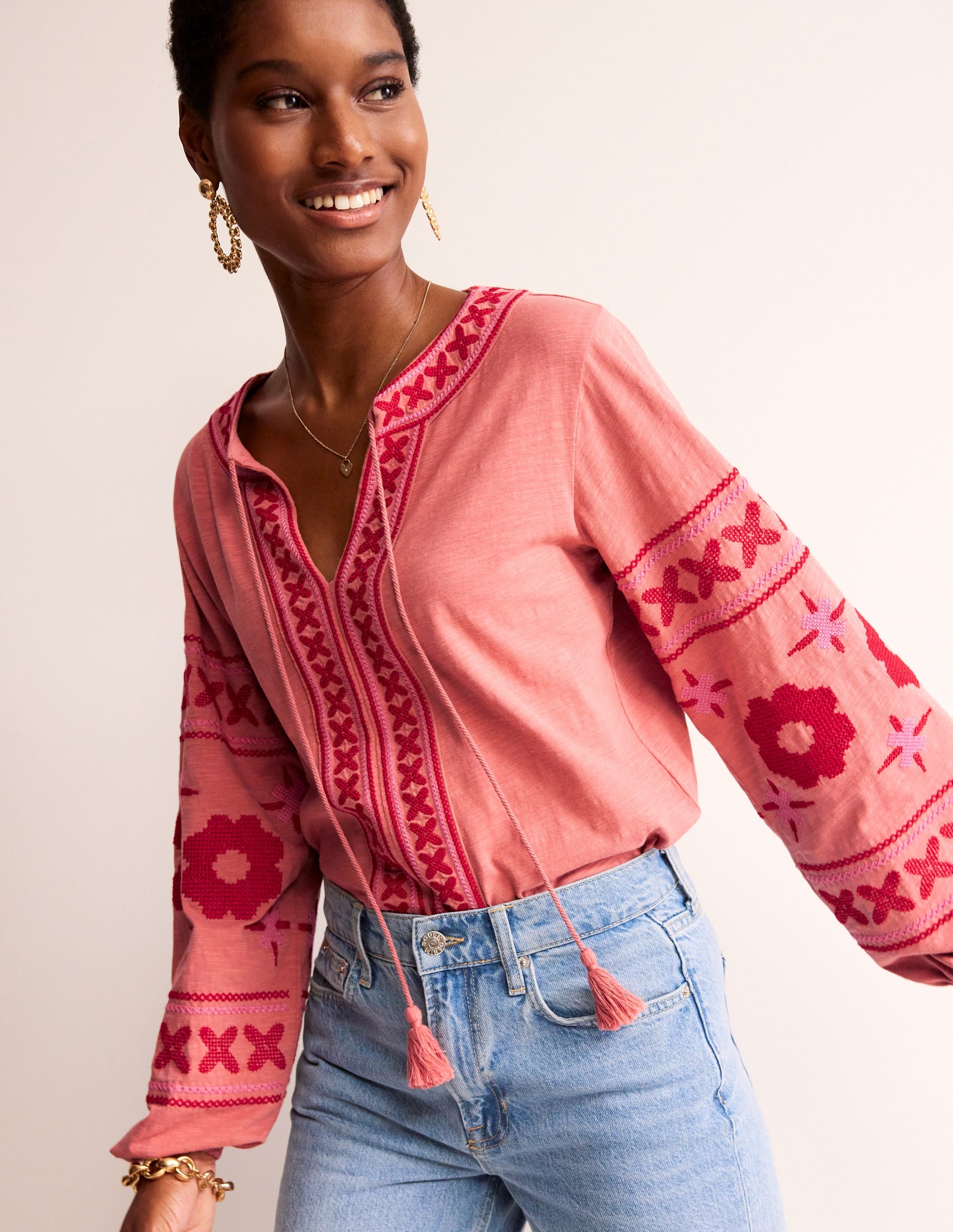  Diana Embroidered Tie Neck Top-Brick Dust、mySite、ashleygrahame