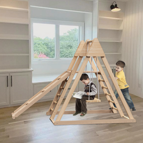4-in-1 Juniper Indoor Play Gym - Jungle Gym Playset with Baby Swing, Slide, Ladder, and Climbing Wall - Foldable Wooden Playset - Indoor Jungle Gym for Kids、、casual