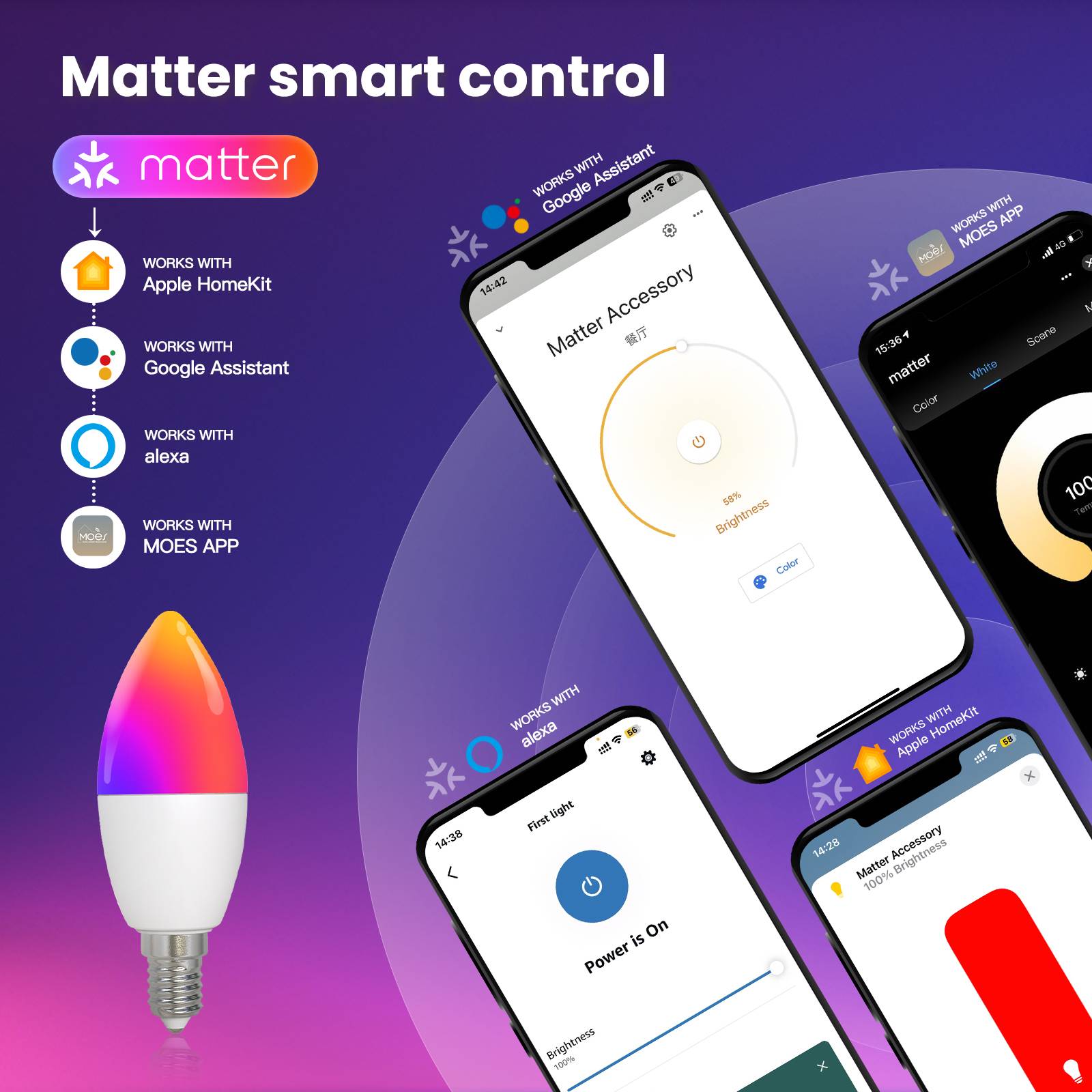 Tuya Matter WiFi Smart LED E14 Dimmable Light Bulbs 2700-6500K+RGB、mySite、fannypackpong