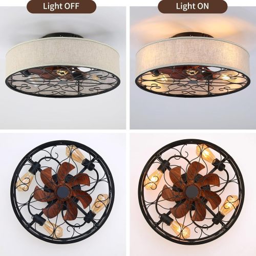 Caged Ceiling Fans with Lights Flush Mount,Low Profile Ceiling Fan with Remote,20 Inch Farmhouse White Ceiling Fan for Bedroom,6 Speeds Reversible Silent Fandalier (Bulb Not Included)、、eastwooduniform
