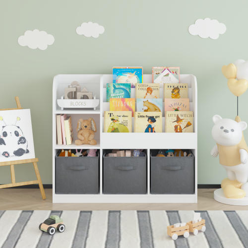 Kids Bookcase and Bookshelf, Multifunctional Bookcase with 3 Collapsible Fabric Drawers, Bookcase Display Stand, Toy Storage Organizer for Bedroom, Playroom, Hallway (White/Gray)、、casual