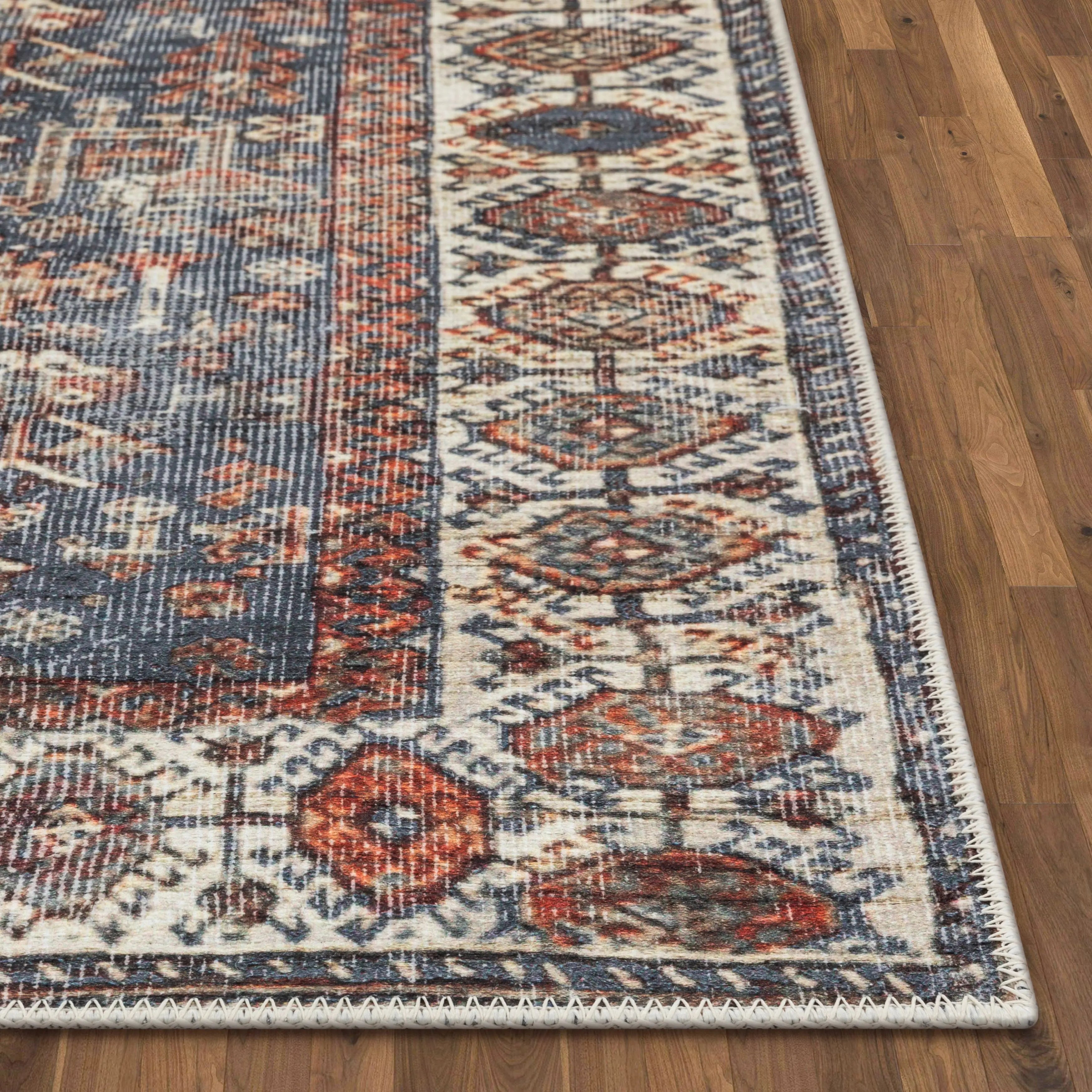 Ripon Machine Washable Vintage Medallion Botanical Border Blue Red Flat-Weave Distressed Rug、mySite、gigharbornorthrealestate