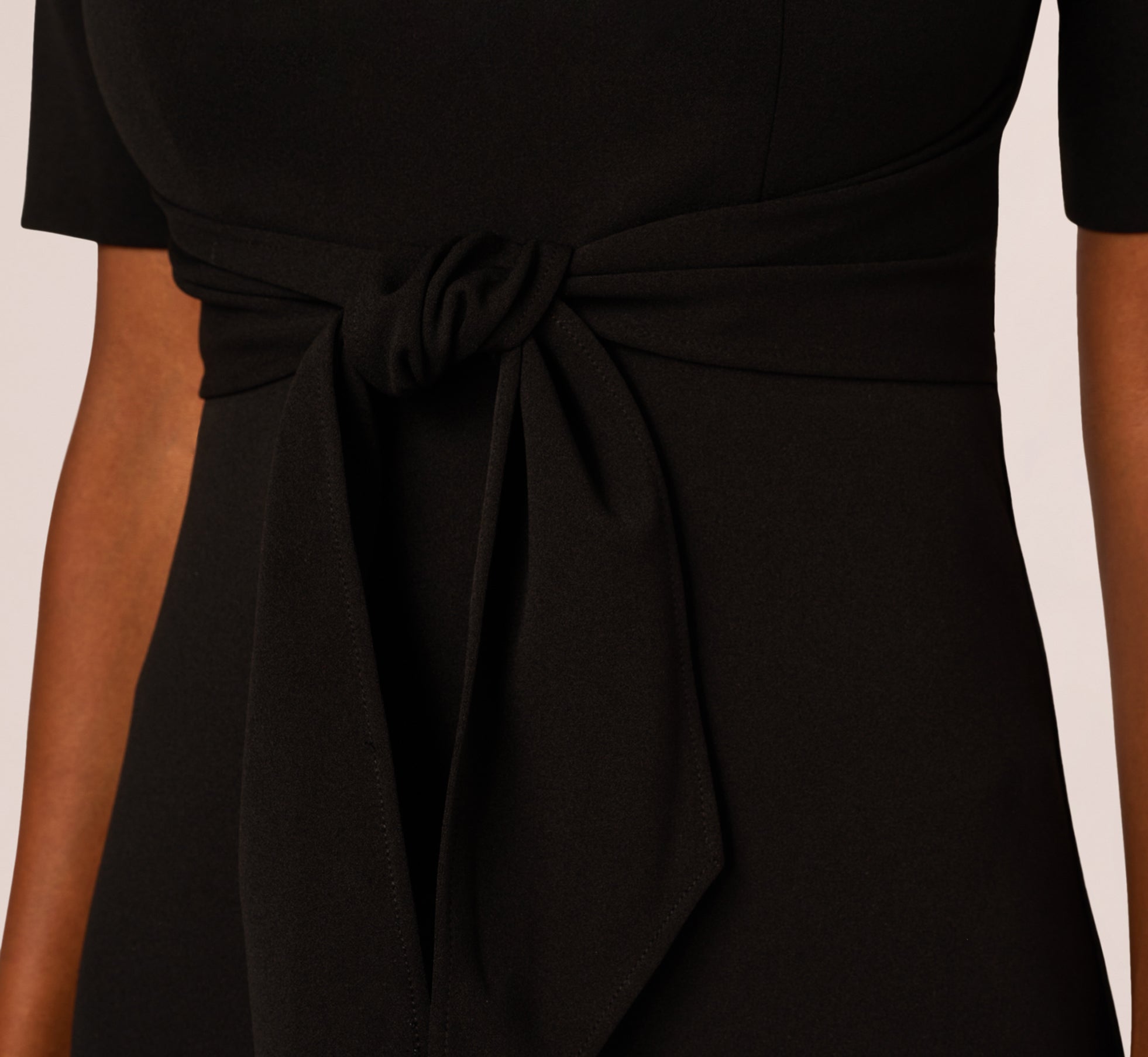 Three Quarter Sleeve Trapeze Dress With Ruffle Mock Neck In Black、mySite、solidvoid