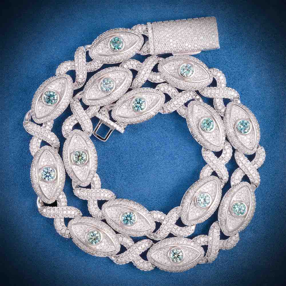 15MM Iced Out Blue Gemstone Evil Eye Eternity Chain 14K Gold、mySite、hinf8tx79