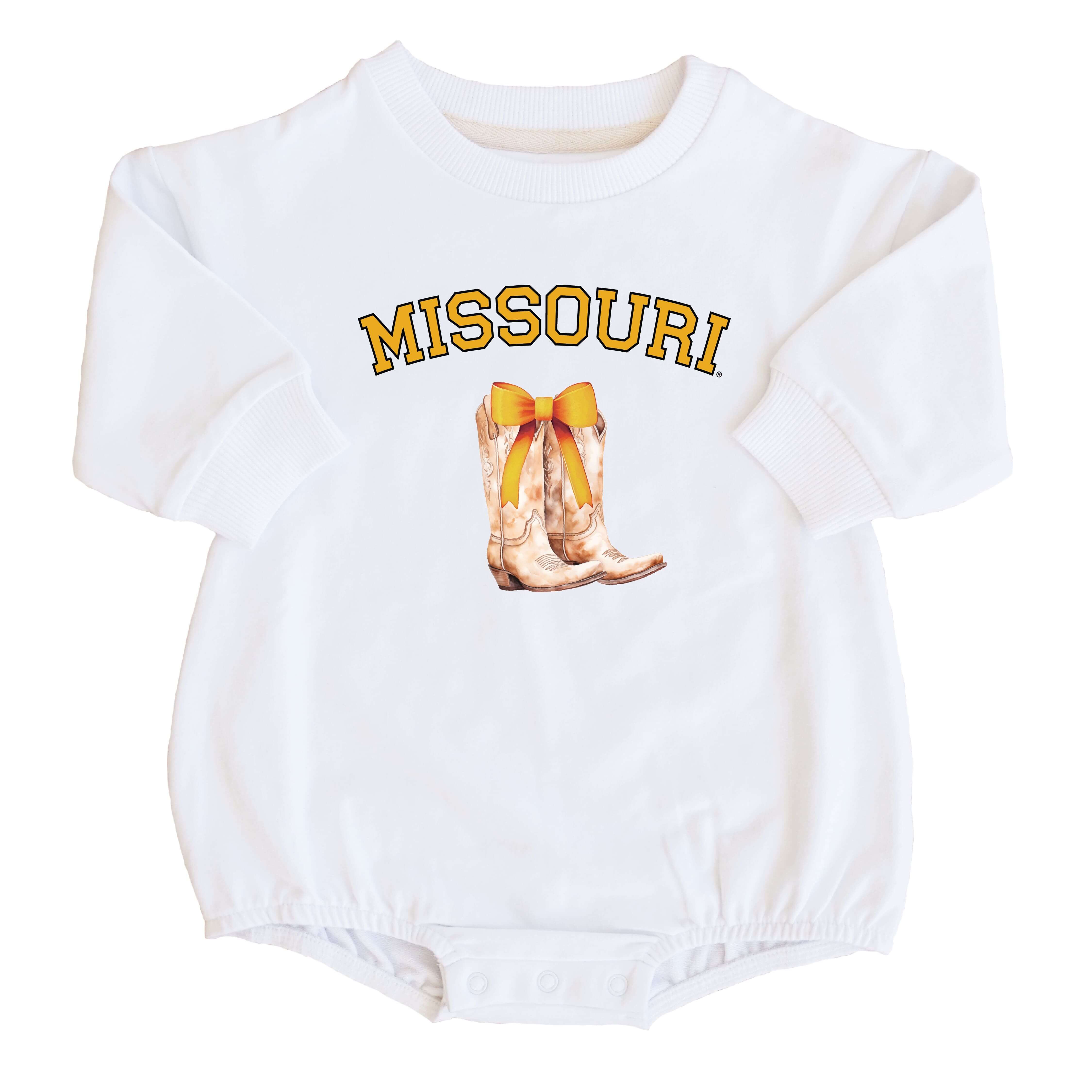  University of Missouri | Footballs & Bows Graphic Sweatshirt Bubble Romper、mySite、layawaytickets