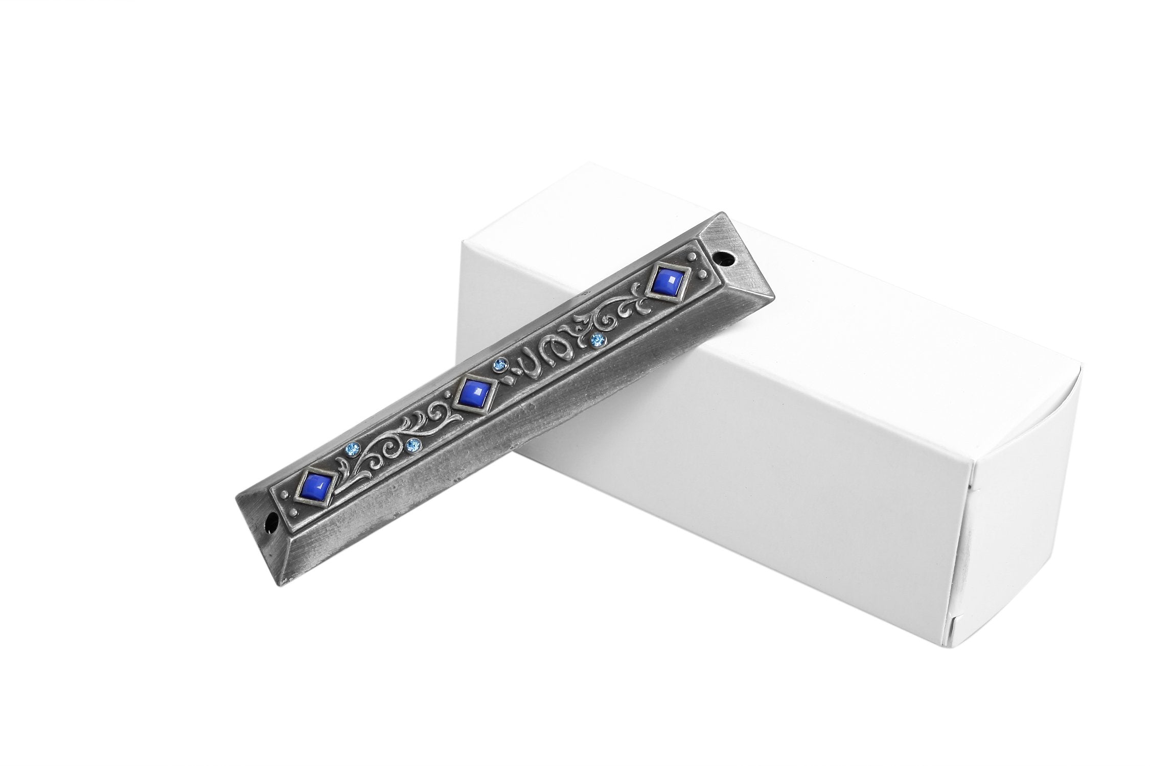  Holy Land Market Pewter with Blue Stones Jeweled Mezuzah (3.5 Inches with Scroll)、mySite、elrpsem3k
