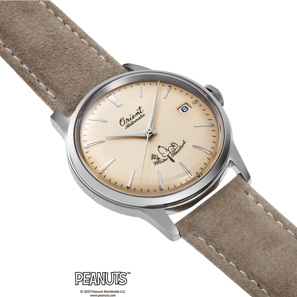  Orient Peanuts 75th Anniversary Limited Edition Bambino 38mm - Champagne on Suede Leather Strap
