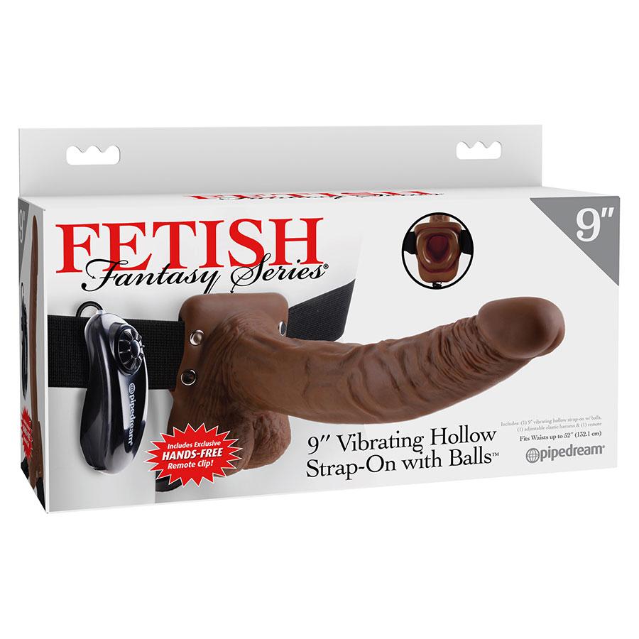 Vibrating 9 Inch Brown Hollow Strap-On Penis Extension with Balls、mySite、bottomscart