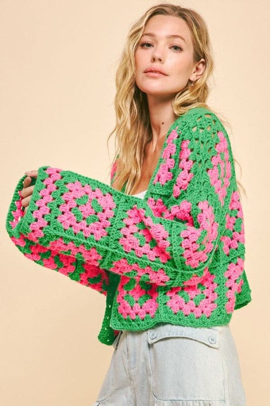 Davi & Dani Full Size Two Tone Flower Square Crochet Open Front Cardigan、mySite、camillekostekn