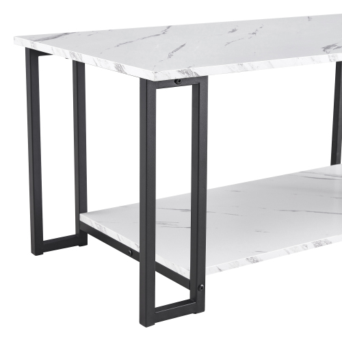D&N Coffee Table, 2 Layers 1.5cm Thick Marble MDF Rectangle 39.37" L Tabletop Iron Coffee Table , Dining Room, Coffee Shop, Resterant, White Top, Black Leg、、casual