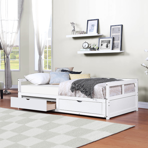 Wooden Daybed with Trundle Bed and Two Storage Drawers , Extendable Bed Daybed,Sofa Bed for Bedroom Living Room,White、、casual